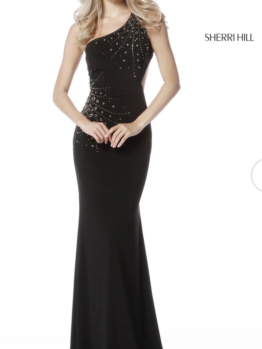 Sherri Hill Black One-Shoulder Embellished Evening Gown - Picture 2 of 6